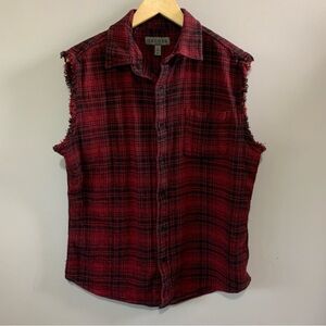 Decree Red and Black Plaid distressed mens vest